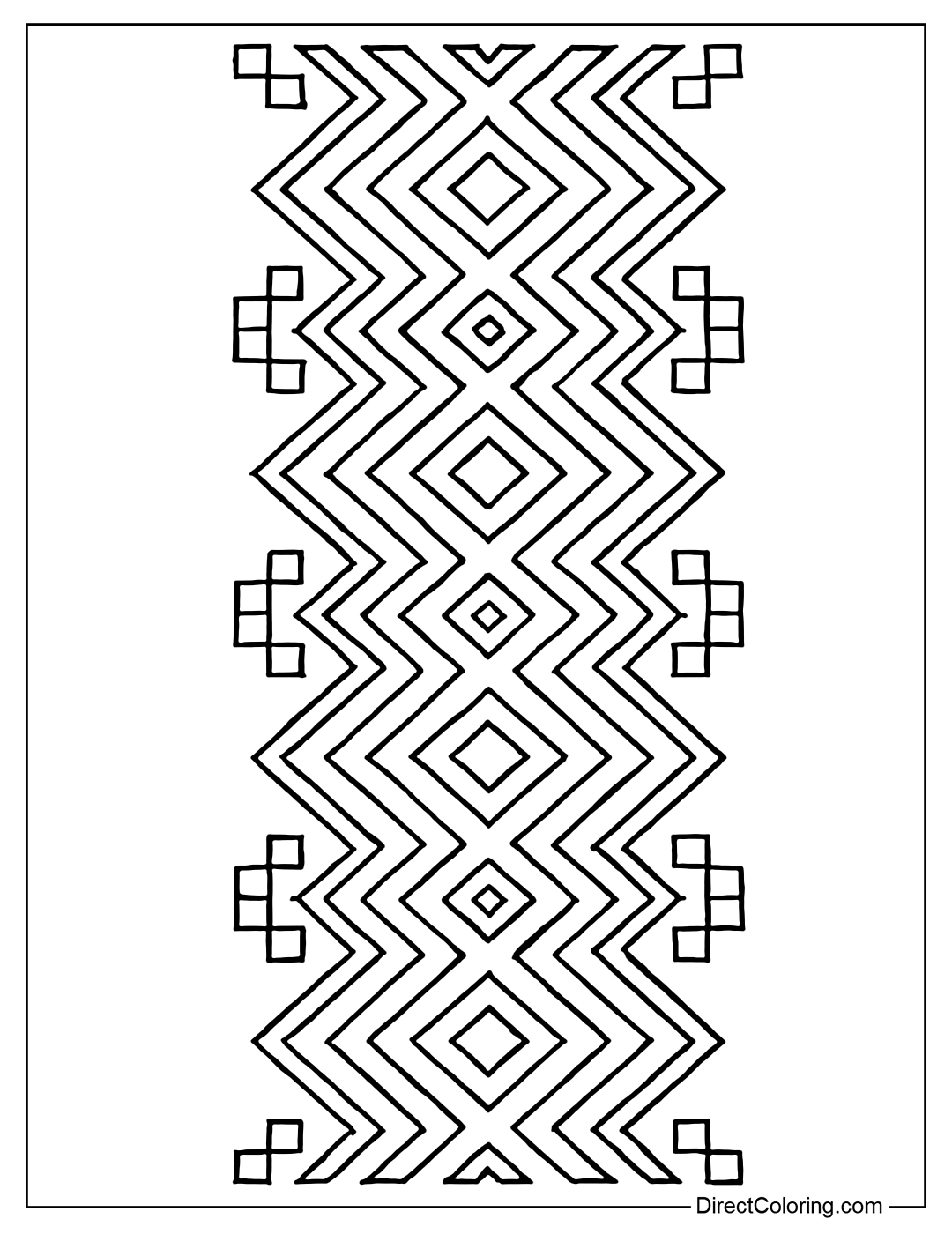 Traditional hand-embroidered pattern coloring page with zigzag lines and symmetrical diamond shapes.